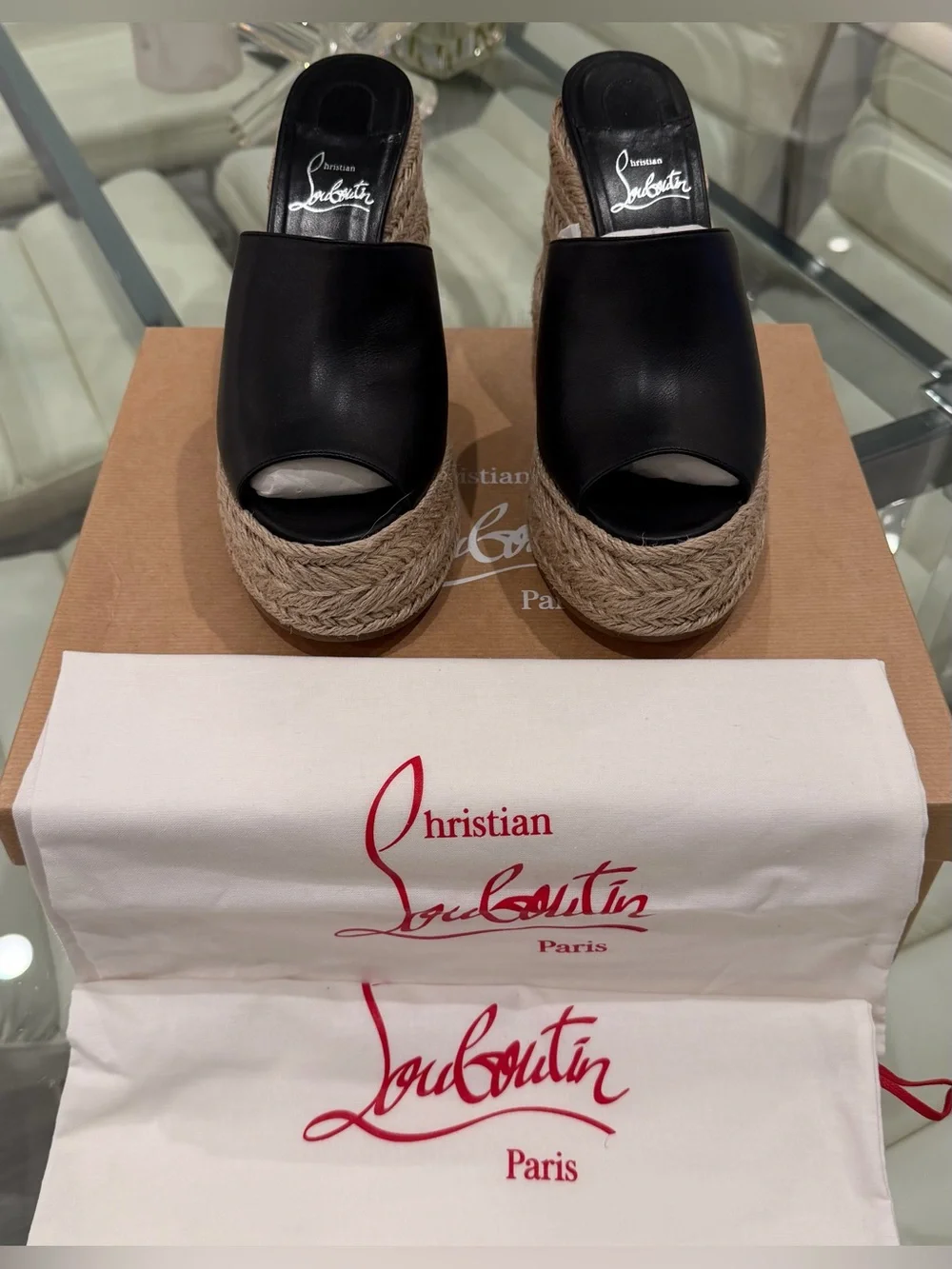 Christian Louboutin Black Leather Espadrille Wedge Sandals with Red Sole